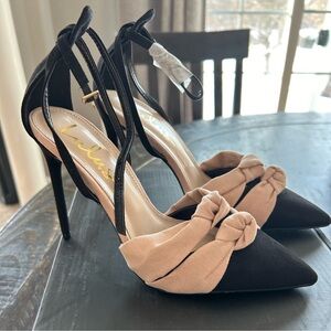 Lulu's Black and Tan Heels with Peep-Toe Design and Stiletto Heels